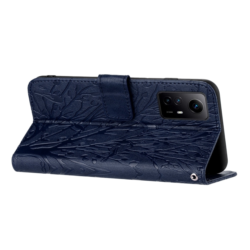 Xiaomi Redmi Note 12S Embossed Leather Phone Case with Tree Birds Pattern, Hand Strap, Card Holder & Adjustable Stand - Shockproof Wallet Cover