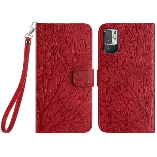 Xiaomi Redmi Note 10 5G Embossed Leather Phone Case with Tree Birds Pattern, Hand Strap, Card Holder & Adjustable Stand - Shockproof Wallet Cover