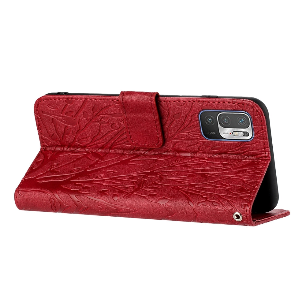 Xiaomi Redmi Note 10 5G Embossed Leather Phone Case with Tree Birds Pattern, Hand Strap, Card Holder & Adjustable Stand - Shockproof Wallet Cover