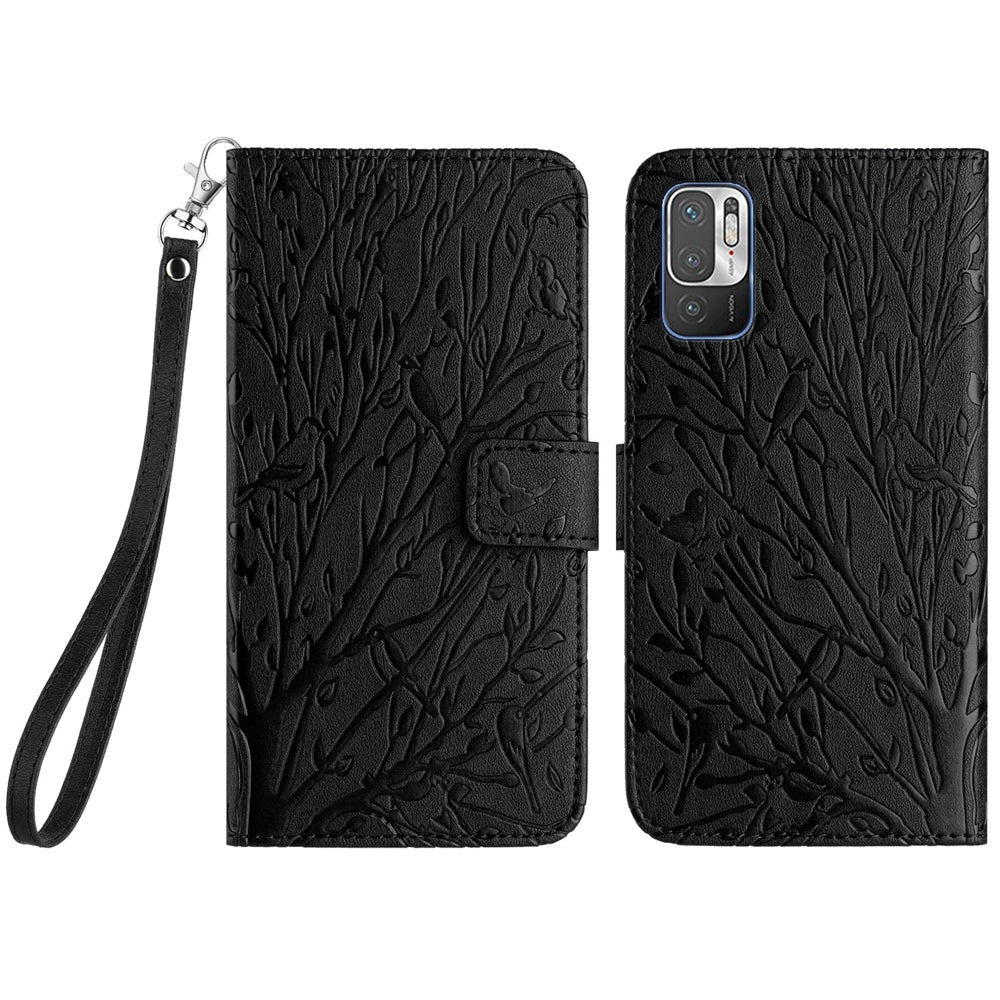 Xiaomi Redmi Note 10 5G Embossed Leather Phone Case with Tree Birds Pattern, Hand Strap, Card Holder & Adjustable Stand - Shockproof Wallet Cover