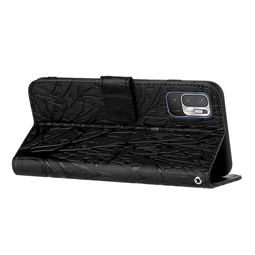 Xiaomi Redmi Note 10 5G Embossed Leather Phone Case with Tree Birds Pattern, Hand Strap, Card Holder & Adjustable Stand - Shockproof Wallet Cover