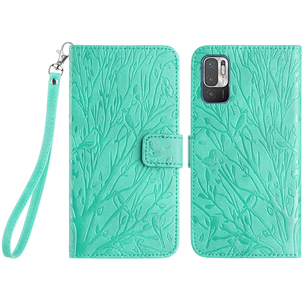 Xiaomi Redmi Note 10 5G Embossed Leather Phone Case with Tree Birds Pattern, Hand Strap, Card Holder & Adjustable Stand - Shockproof Wallet Cover
