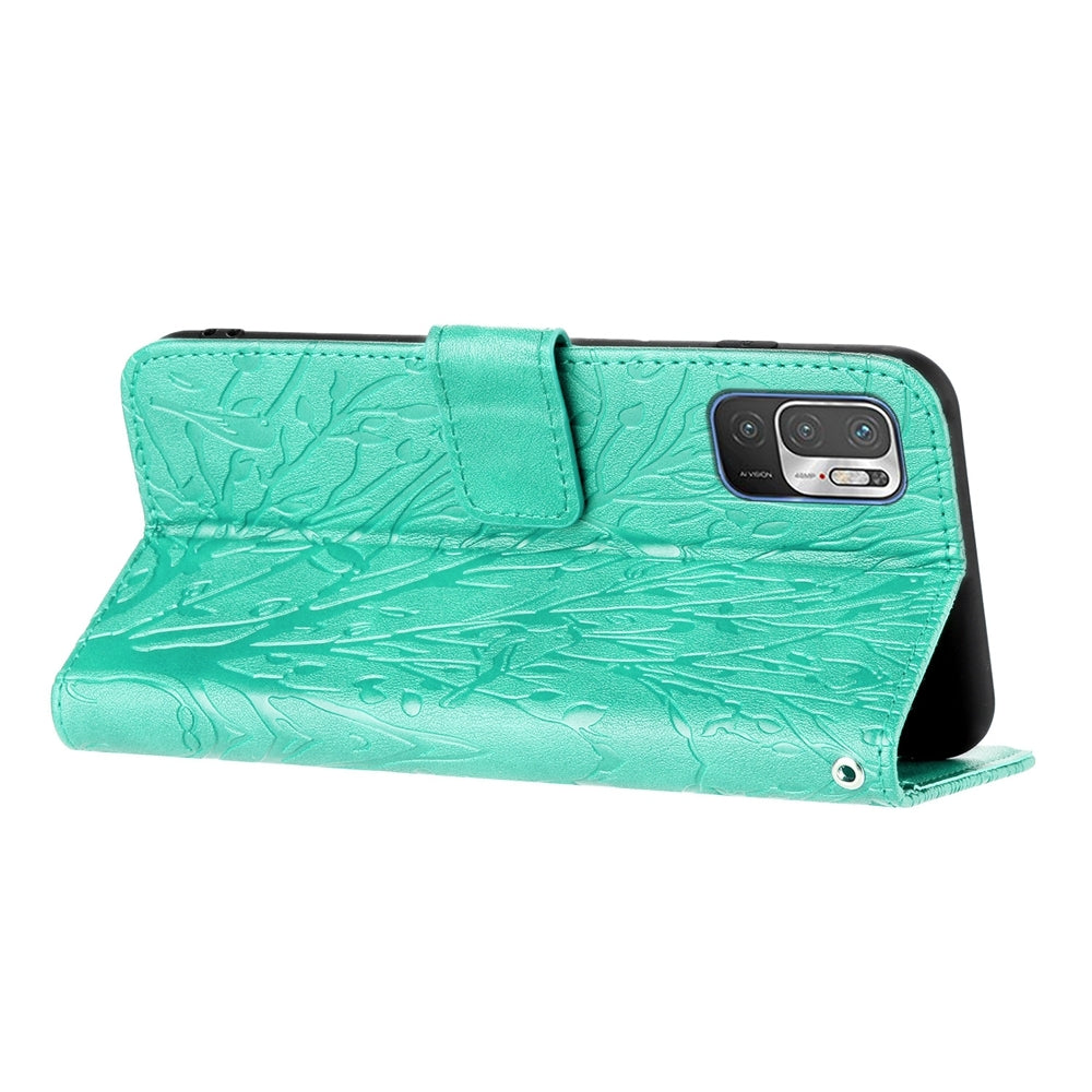 Xiaomi Redmi Note 10 5G Embossed Leather Phone Case with Tree Birds Pattern, Hand Strap, Card Holder & Adjustable Stand - Shockproof Wallet Cover