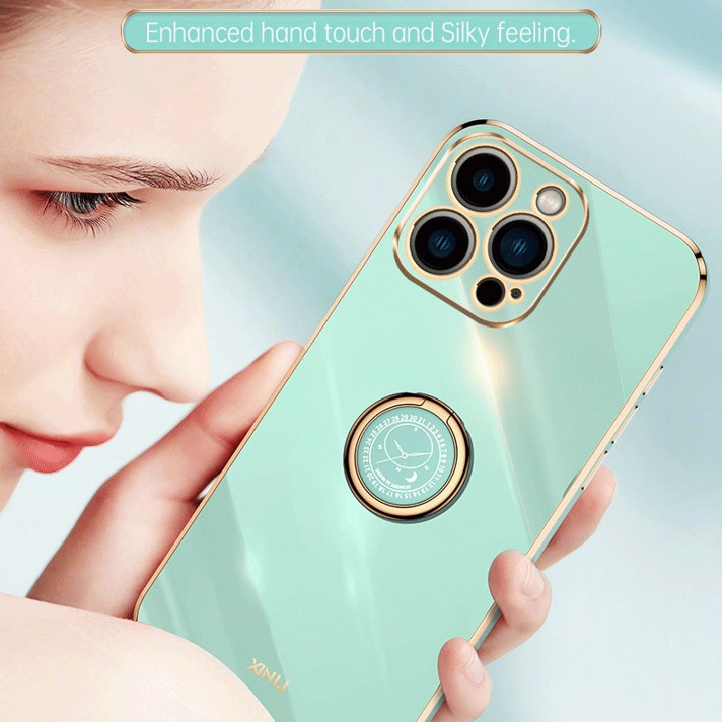 iPhone 15 Pro Tough TPU Phone Case with 6D Electroplate, Straight Edge Design, and Comfortable Ring Holder