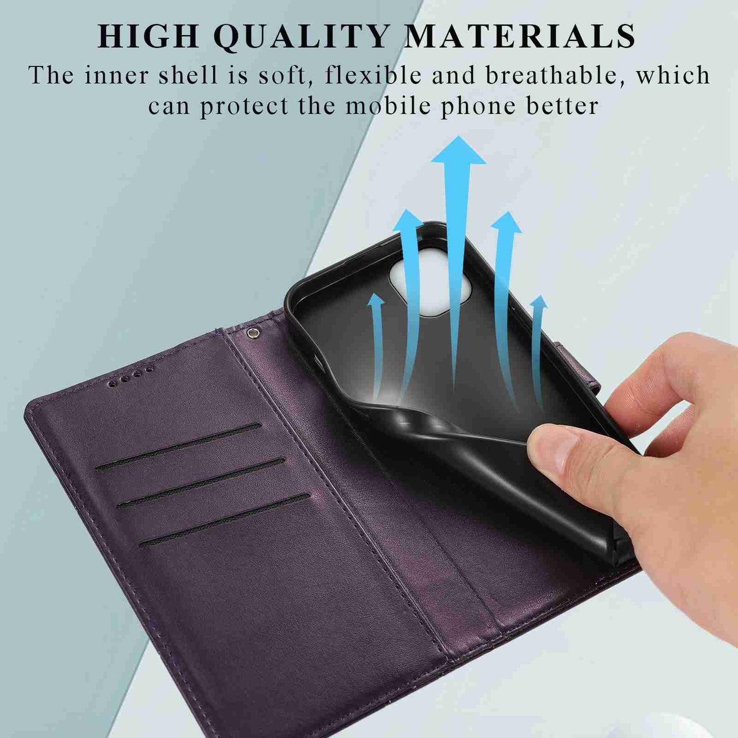 iPhone 11 PU Genuine Leather Texture Embossed Line Phone Case with Card Wallet, Kickstand & Wrist Strap