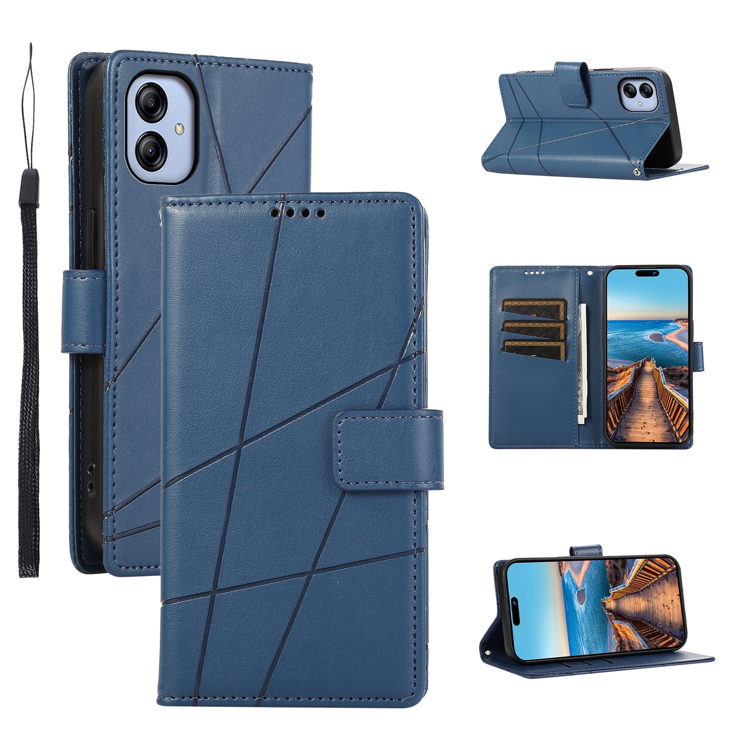 For Samsung Galaxy A04e Genuine Leather Texture Embossed Line Phone Case with Card Wallet & Kickstand