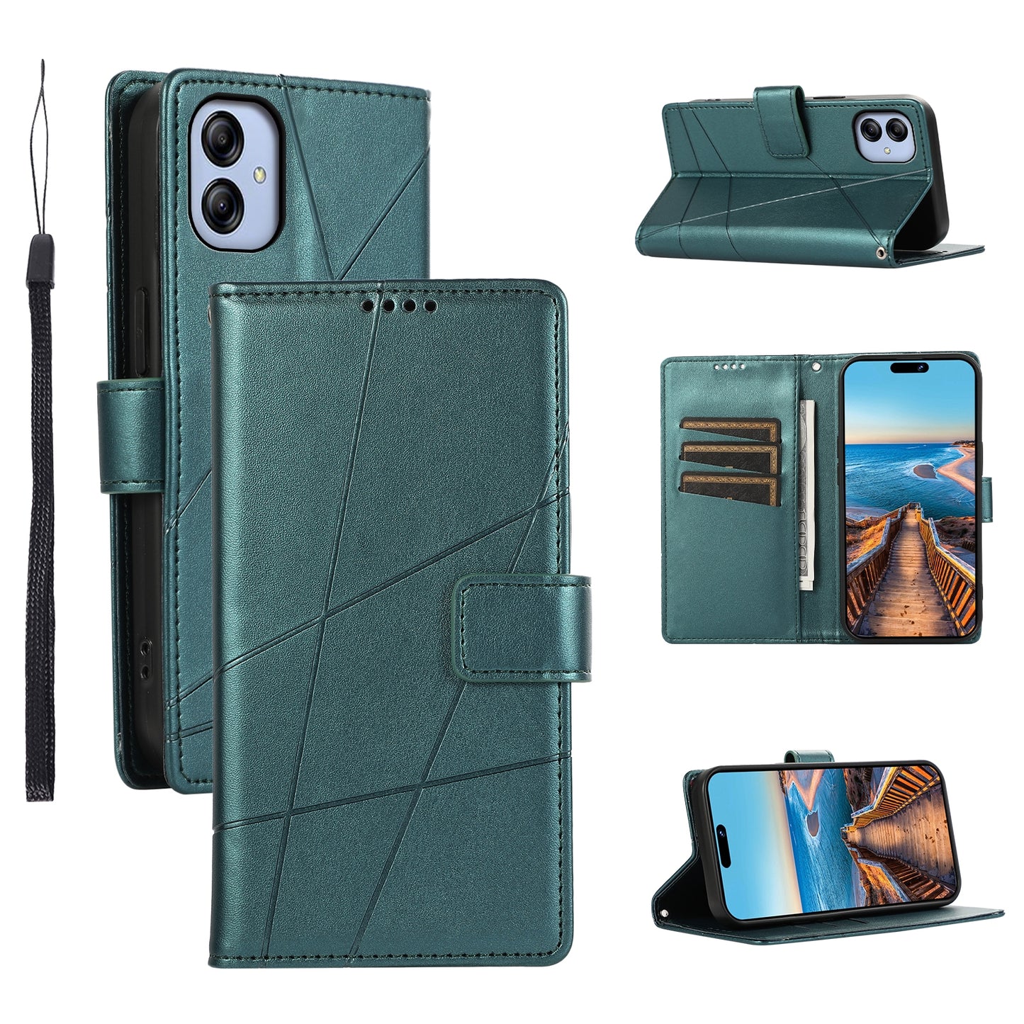 For Samsung Galaxy A04e Genuine Leather Texture Embossed Line Phone Case with Card Wallet & Kickstand