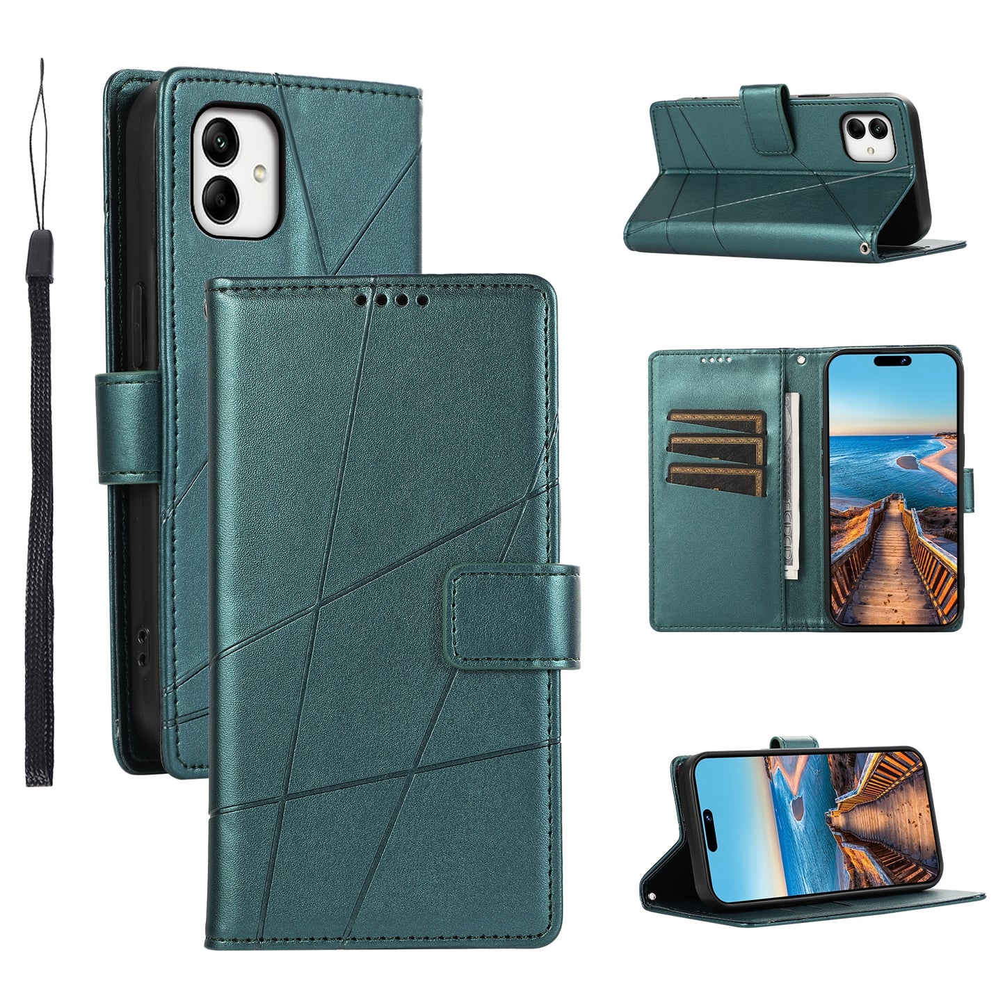 For Samsung Galaxy A05 Genuine Leather Texture Embossed Line Phone Case with Card Wallet & Kickstand