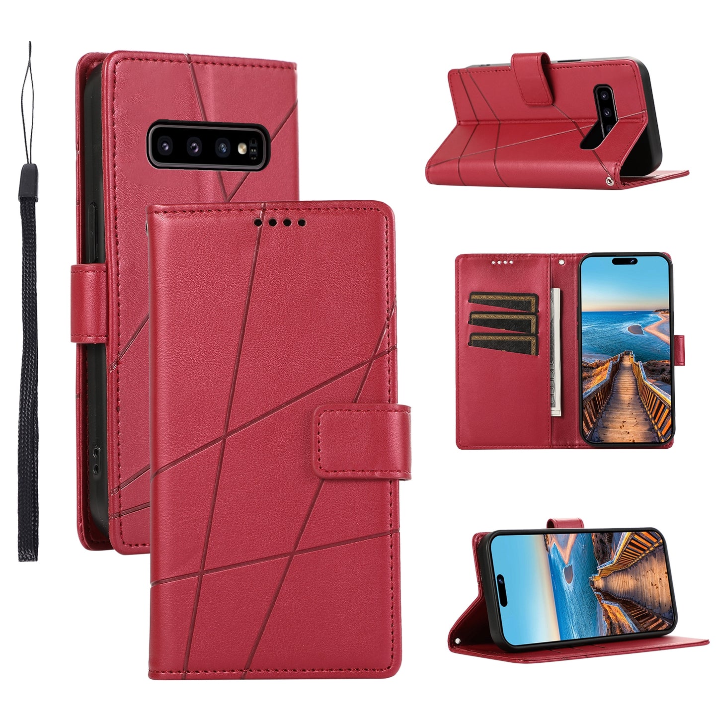 For Samsung Galaxy S10 Genuine Leather Texture Embossed Line Phone Case with Card Wallet & Kickstand