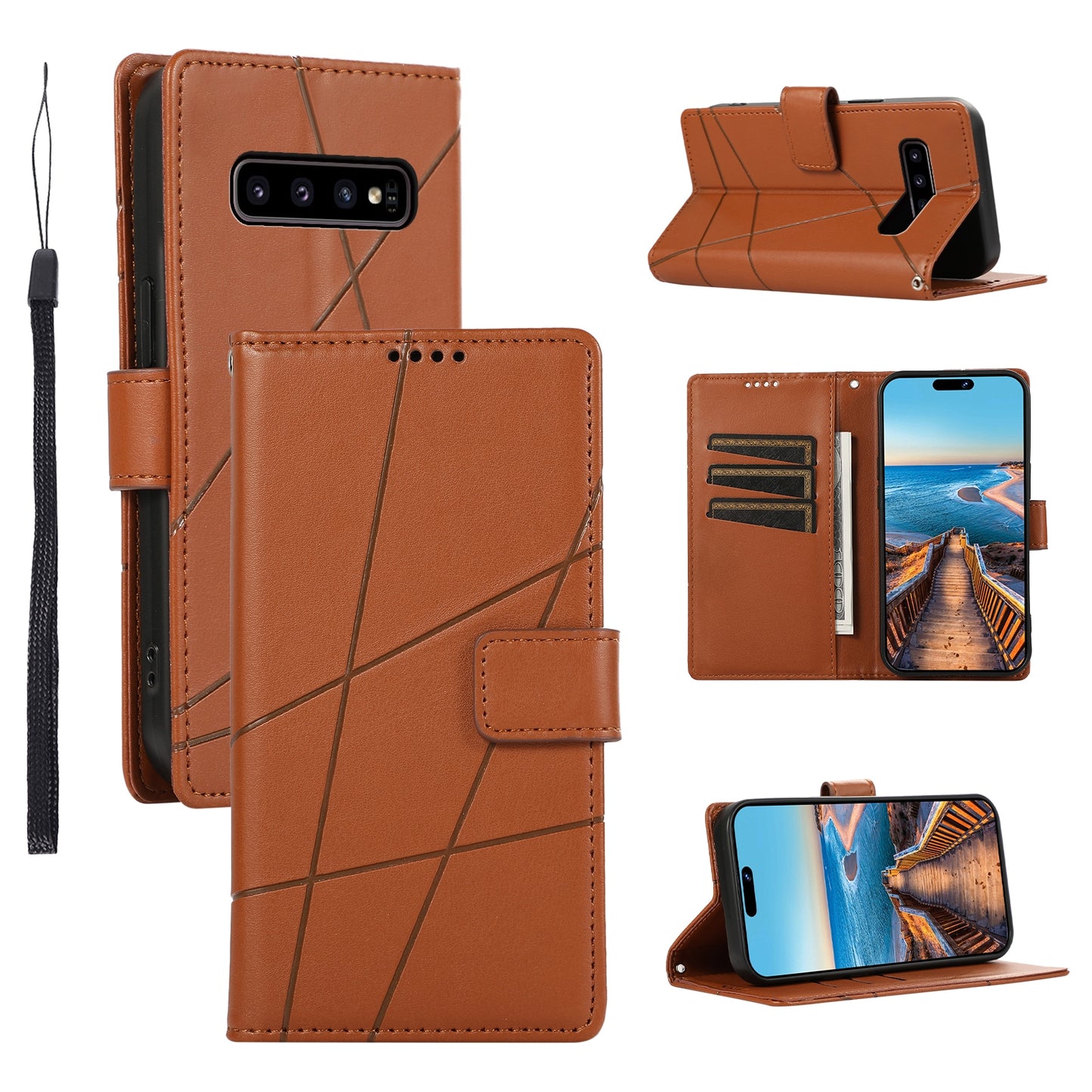 For Samsung Galaxy S10 Genuine Leather Texture Embossed Line Phone Case with Card Wallet & Kickstand