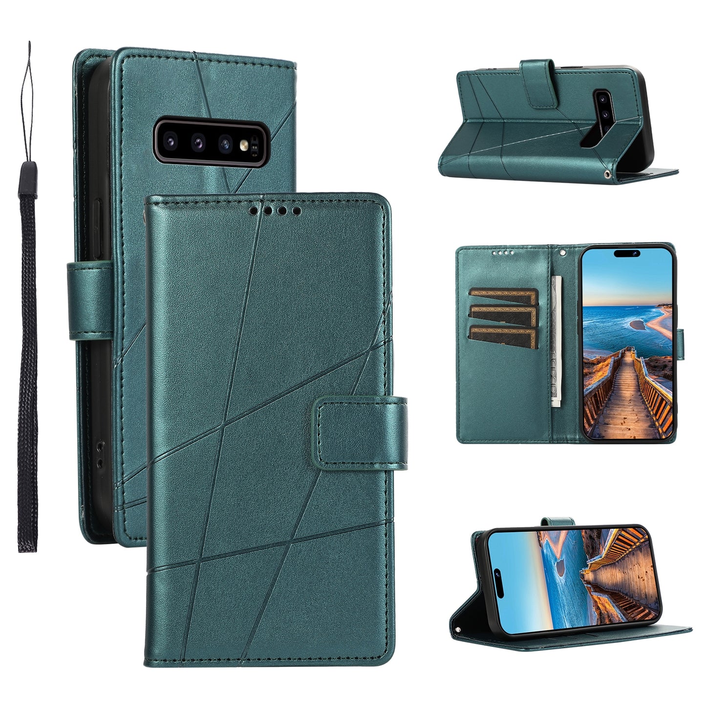 For Samsung Galaxy S10 Genuine Leather Texture Embossed Line Phone Case with Card Wallet & Kickstand