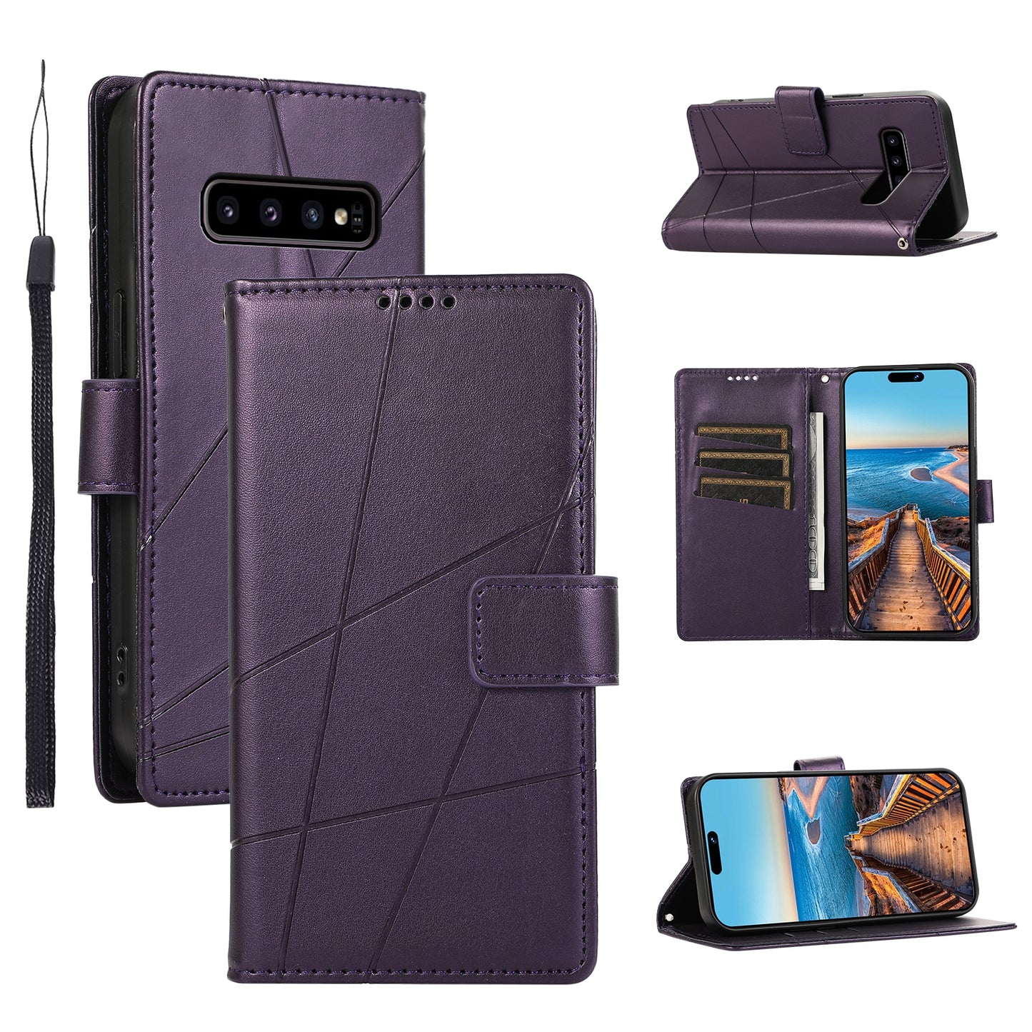 For Samsung Galaxy S10 Genuine Leather Texture Embossed Line Phone Case with Card Wallet & Kickstand