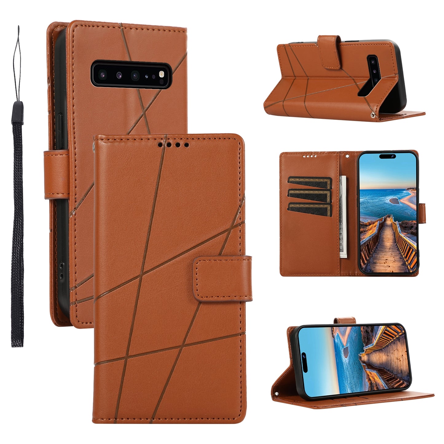 For Samsung Galaxy S10 5G Genuine Leather Texture Embossed Line Phone Case with Card Wallet & Kickstand