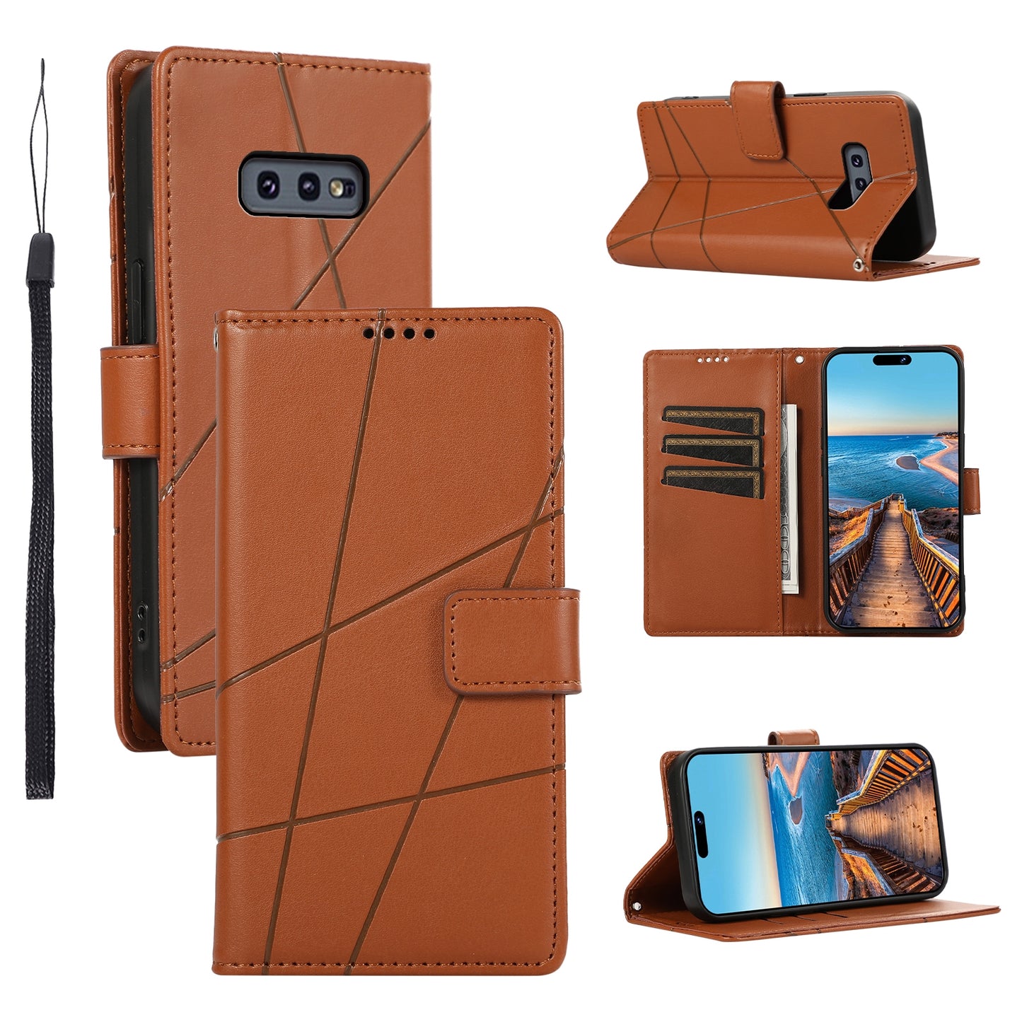 For Samsung Galaxy S10e Genuine Leather Texture Embossed Line Phone Case with Card Wallet & Kickstand