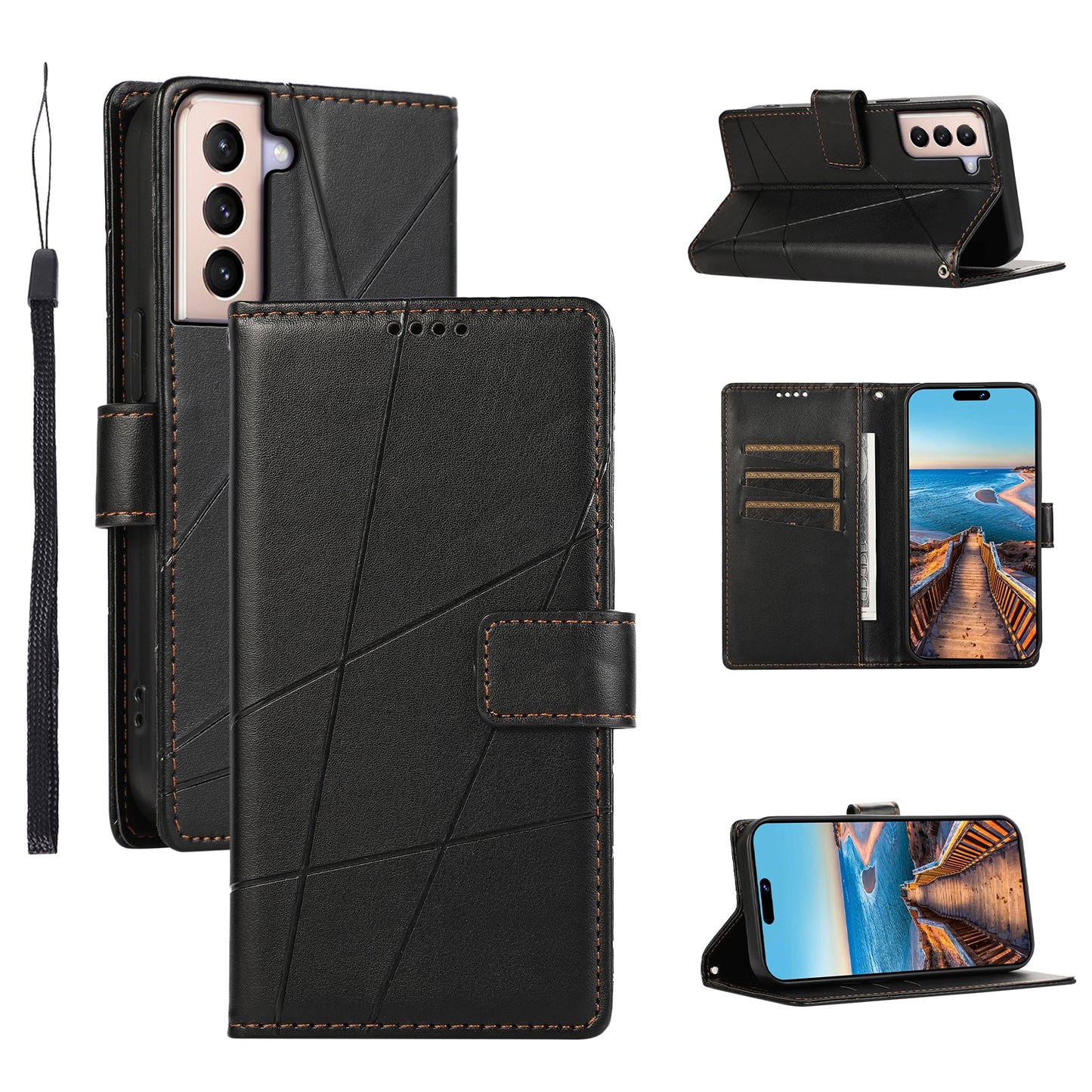 For Samsung Galaxy S21+ 5G Genuine Leather Texture Embossed Line Phone Case with Card Wallet & Kickstand
