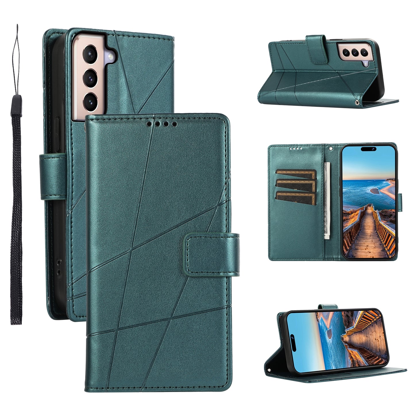 For Samsung Galaxy S21+ 5G Genuine Leather Texture Embossed Line Phone Case with Card Wallet & Kickstand