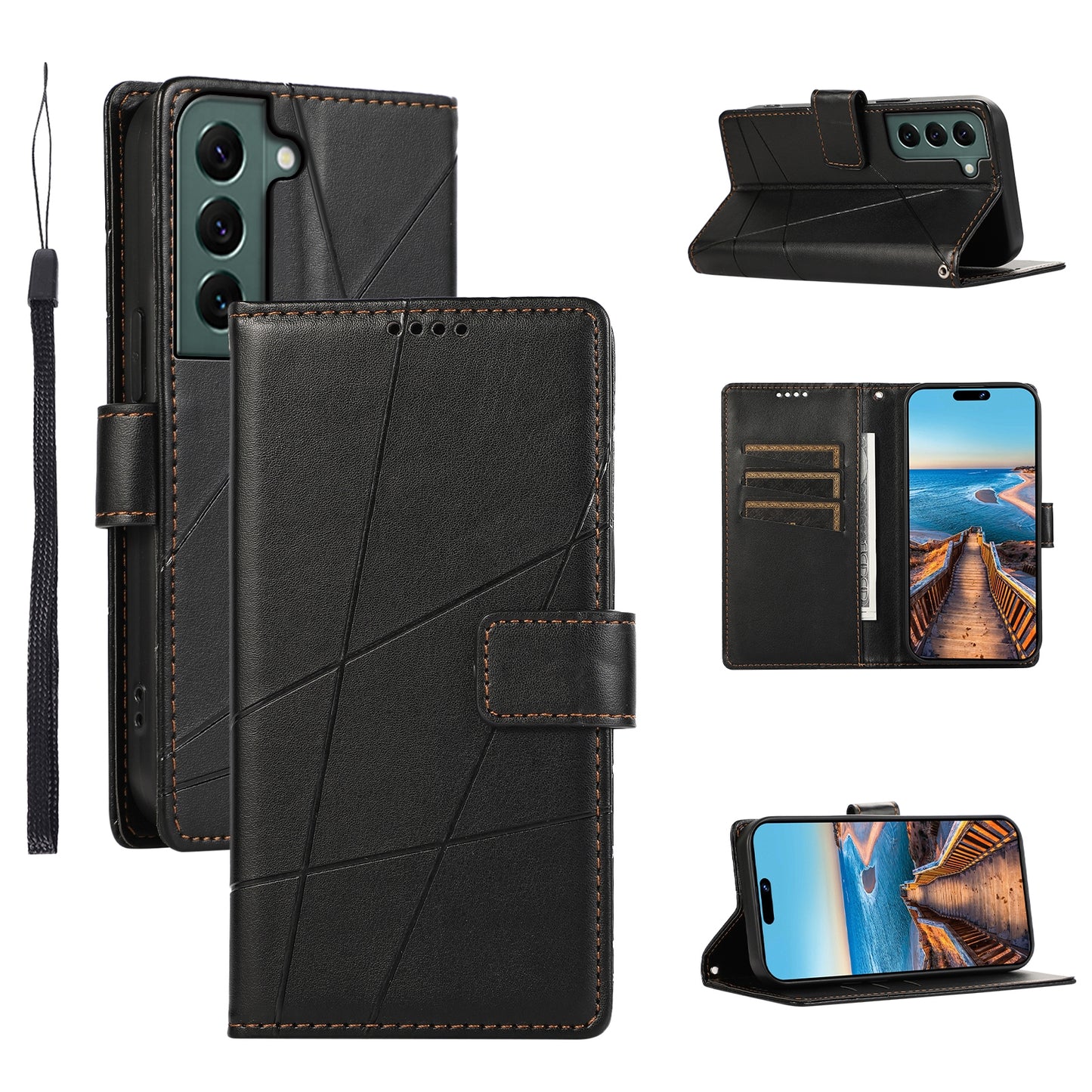For Samsung Galaxy S22 5G Genuine Leather Texture Embossed Line Phone Case with Card Wallet & Kickstand