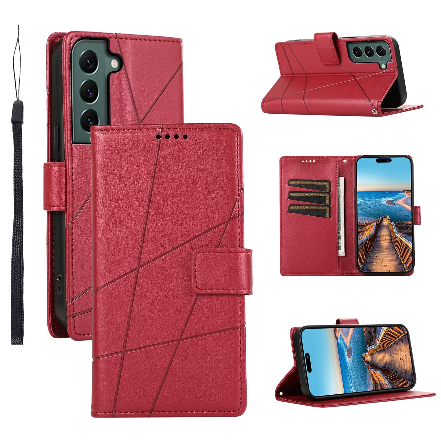 For Samsung Galaxy S22 5G Genuine Leather Texture Embossed Line Phone Case with Card Wallet & Kickstand