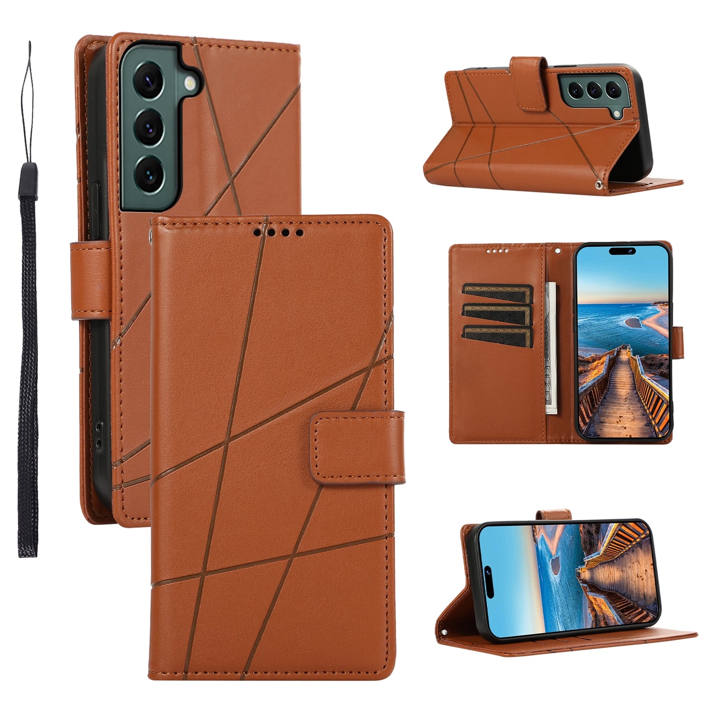 For Samsung Galaxy S22 5G Genuine Leather Texture Embossed Line Phone Case with Card Wallet & Kickstand