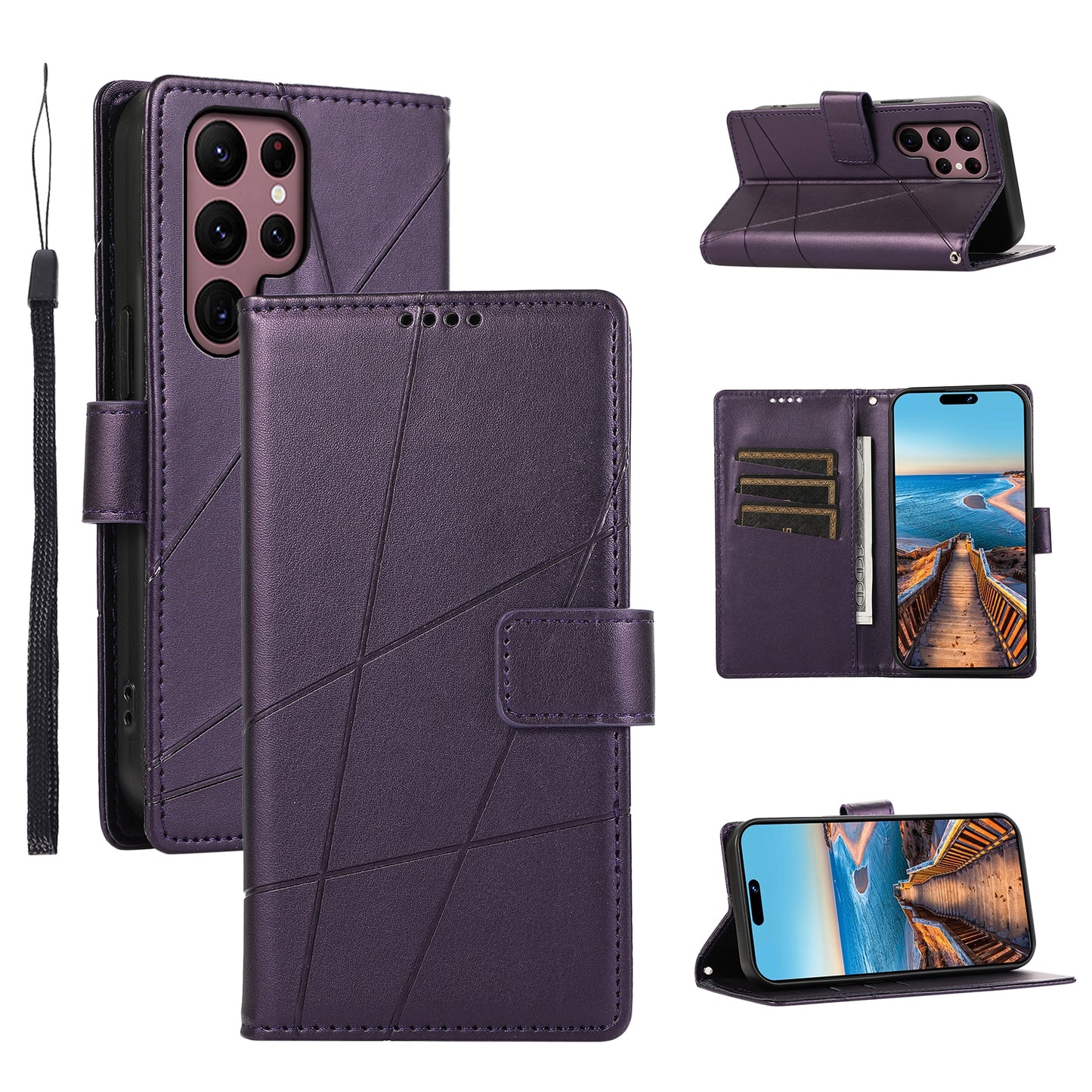 For Samsung Galaxy S22 Ultra 5G Genuine Leather Texture Embossed Line Phone Case with Card Wallet & Kickstand