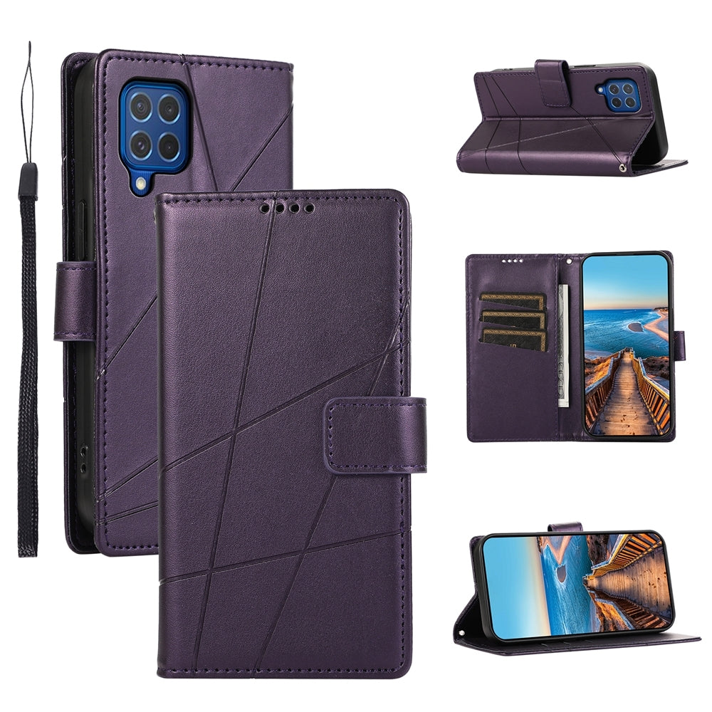 For Samsung Galaxy M62 Genuine Leather Texture Embossed Line Phone Case with Card Wallet & Kickstand