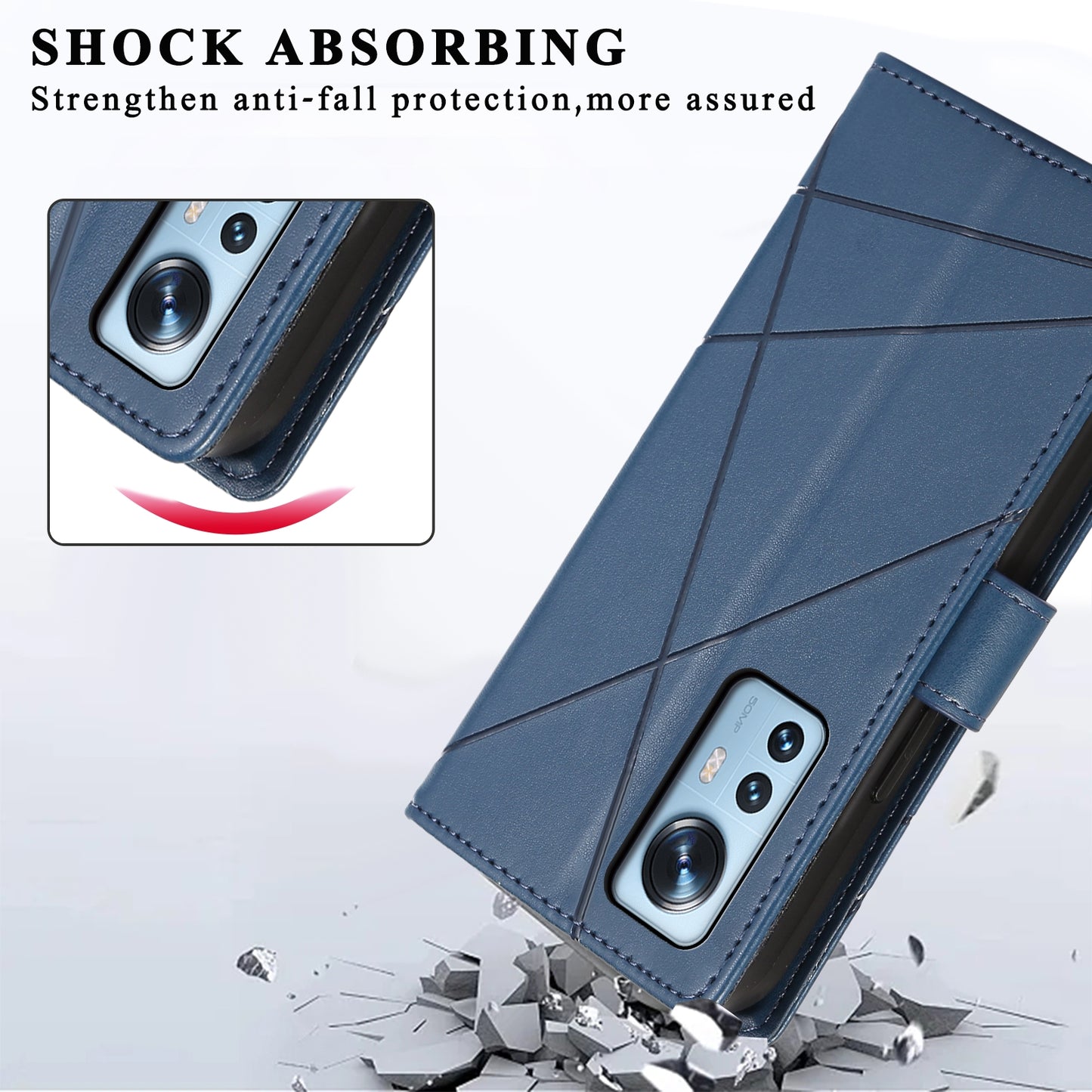 For Xiaomi 12 Genuine Leather Texture Embossed Line Phone Case with Card Wallet & Kickstand