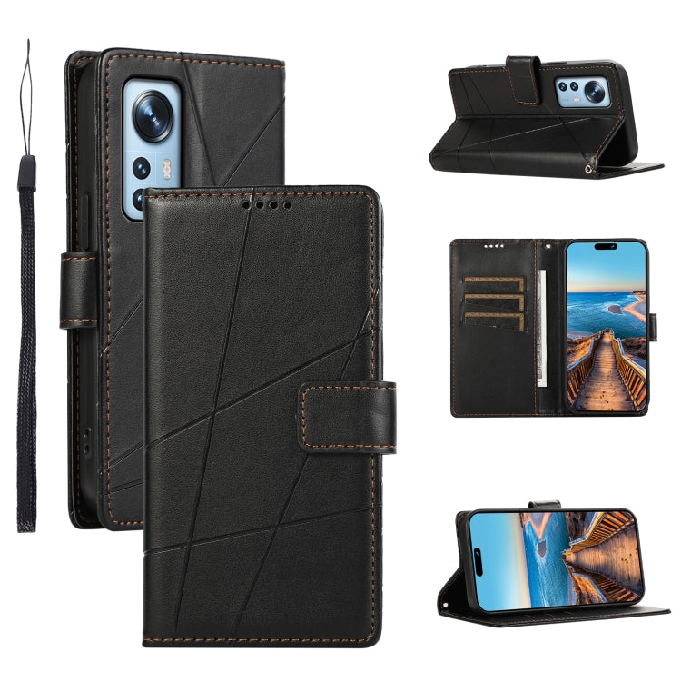 For Xiaomi 12 Genuine Leather Texture Embossed Line Phone Case with Card Wallet & Kickstand