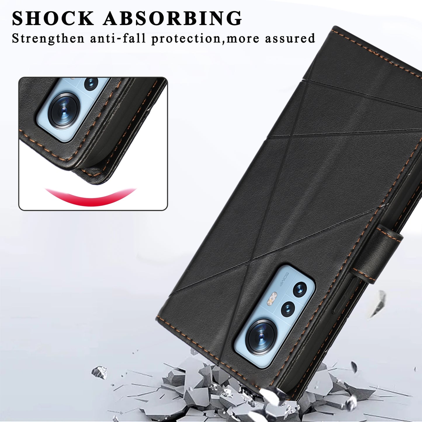 For Xiaomi 12 Genuine Leather Texture Embossed Line Phone Case with Card Wallet & Kickstand