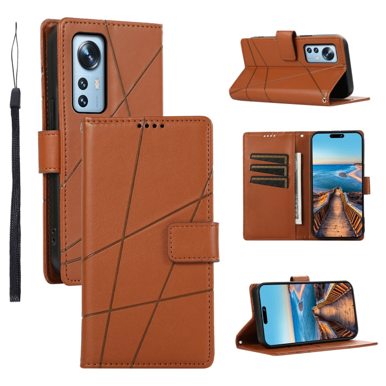 For Xiaomi 12 Genuine Leather Texture Embossed Line Phone Case with Card Wallet & Kickstand