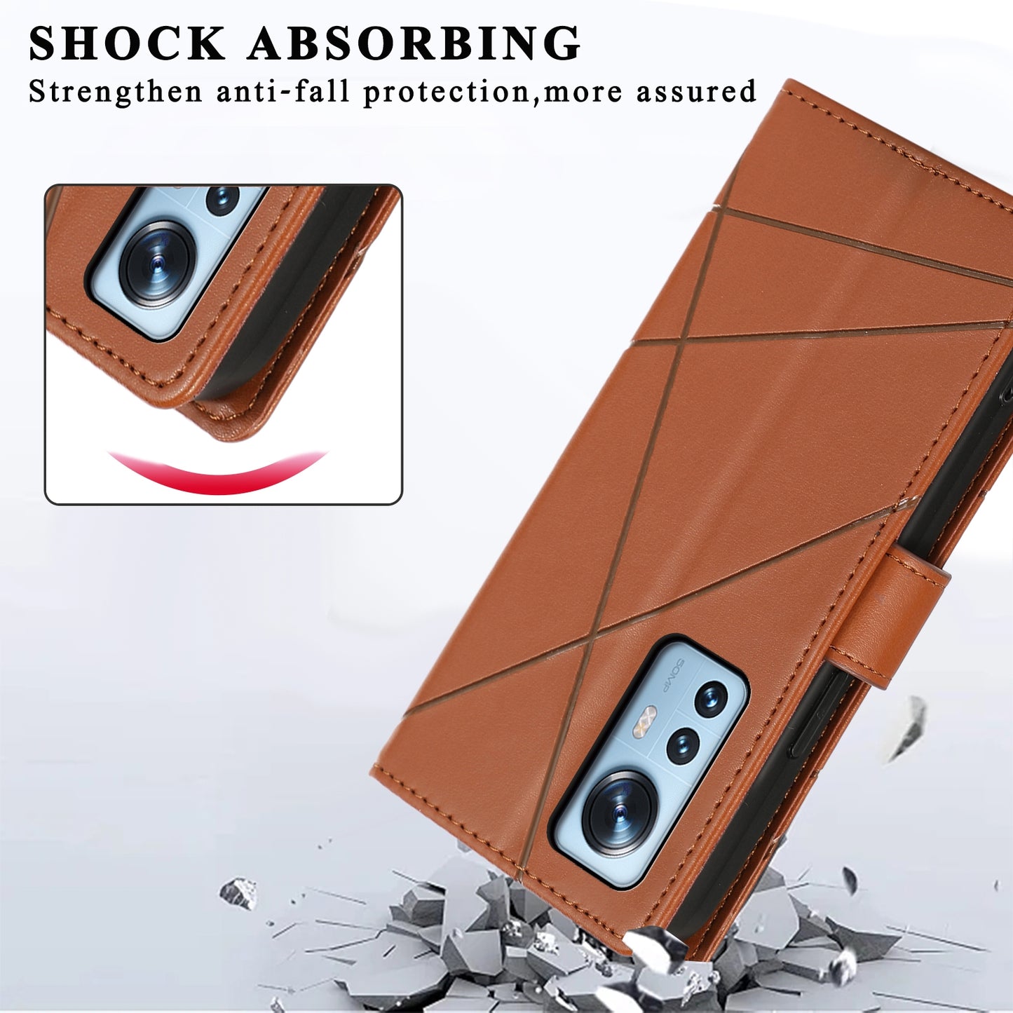 For Xiaomi 12 Genuine Leather Texture Embossed Line Phone Case with Card Wallet & Kickstand