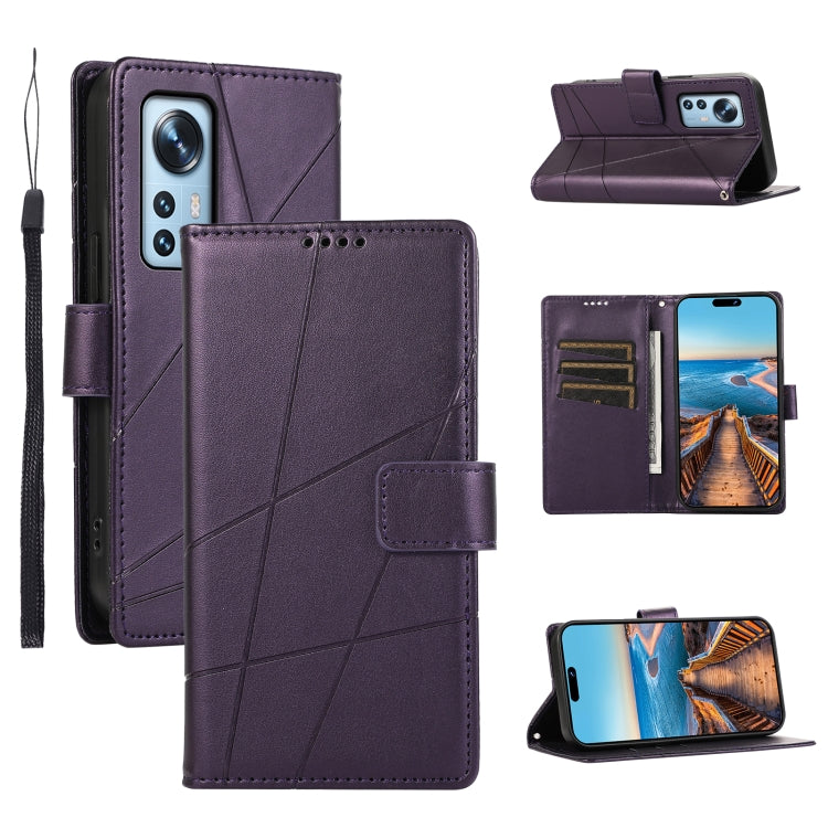 For Xiaomi 12 Genuine Leather Texture Embossed Line Phone Case with Card Wallet & Kickstand