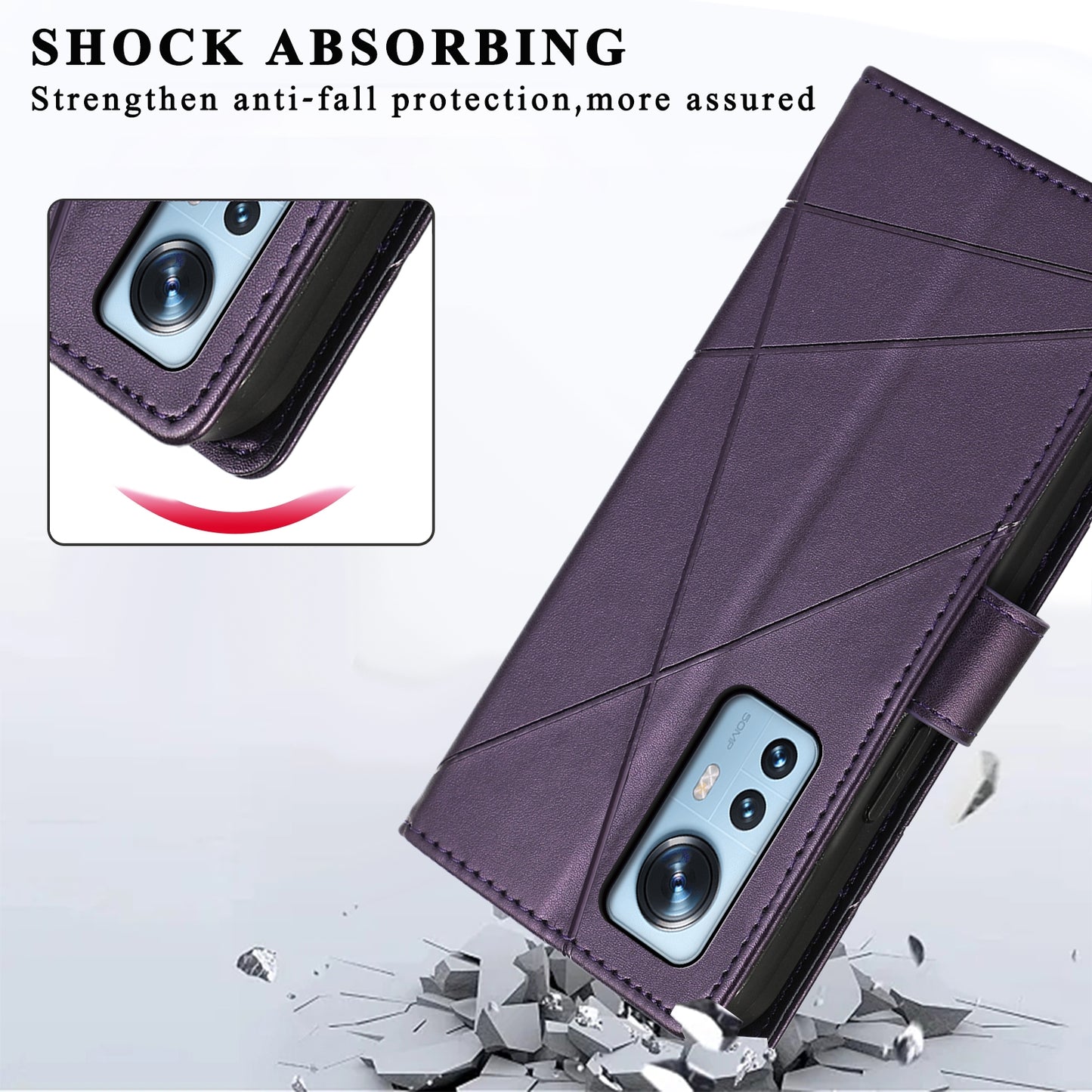 For Xiaomi 12 Genuine Leather Texture Embossed Line Phone Case with Card Wallet & Kickstand