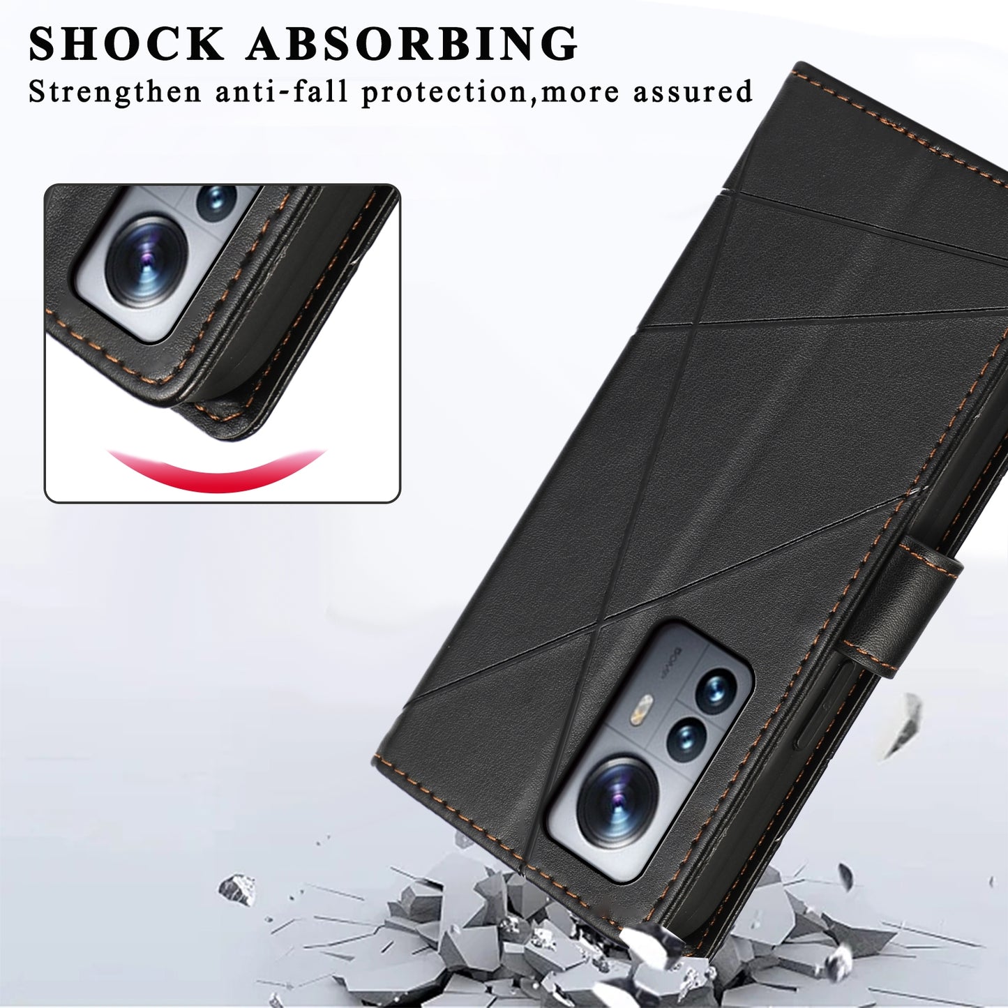For Xiaomi 12 Pro Genuine Leather Texture Embossed Line Phone Case with Card Wallet & Kickstand