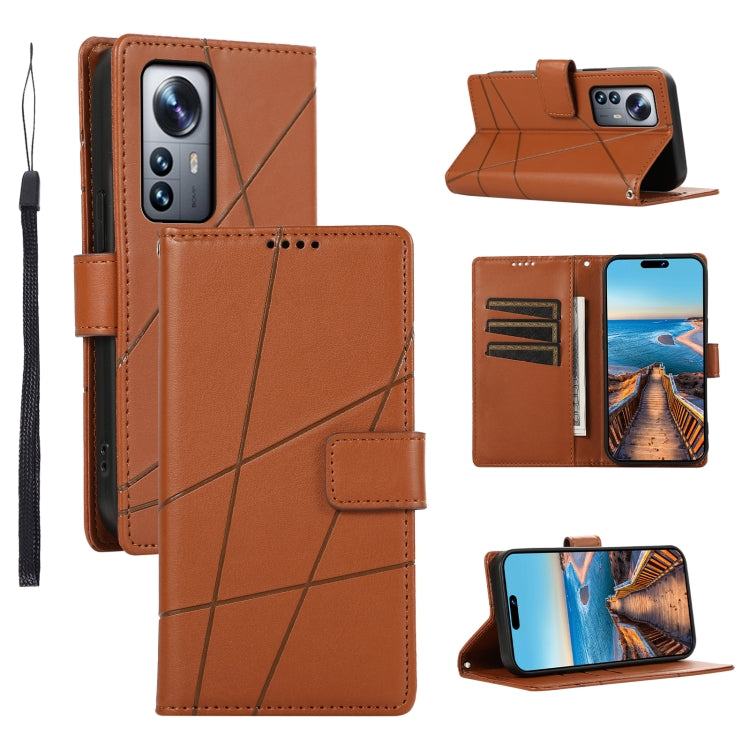 For Xiaomi 12 Pro Genuine Leather Texture Embossed Line Phone Case with Card Wallet & Kickstand