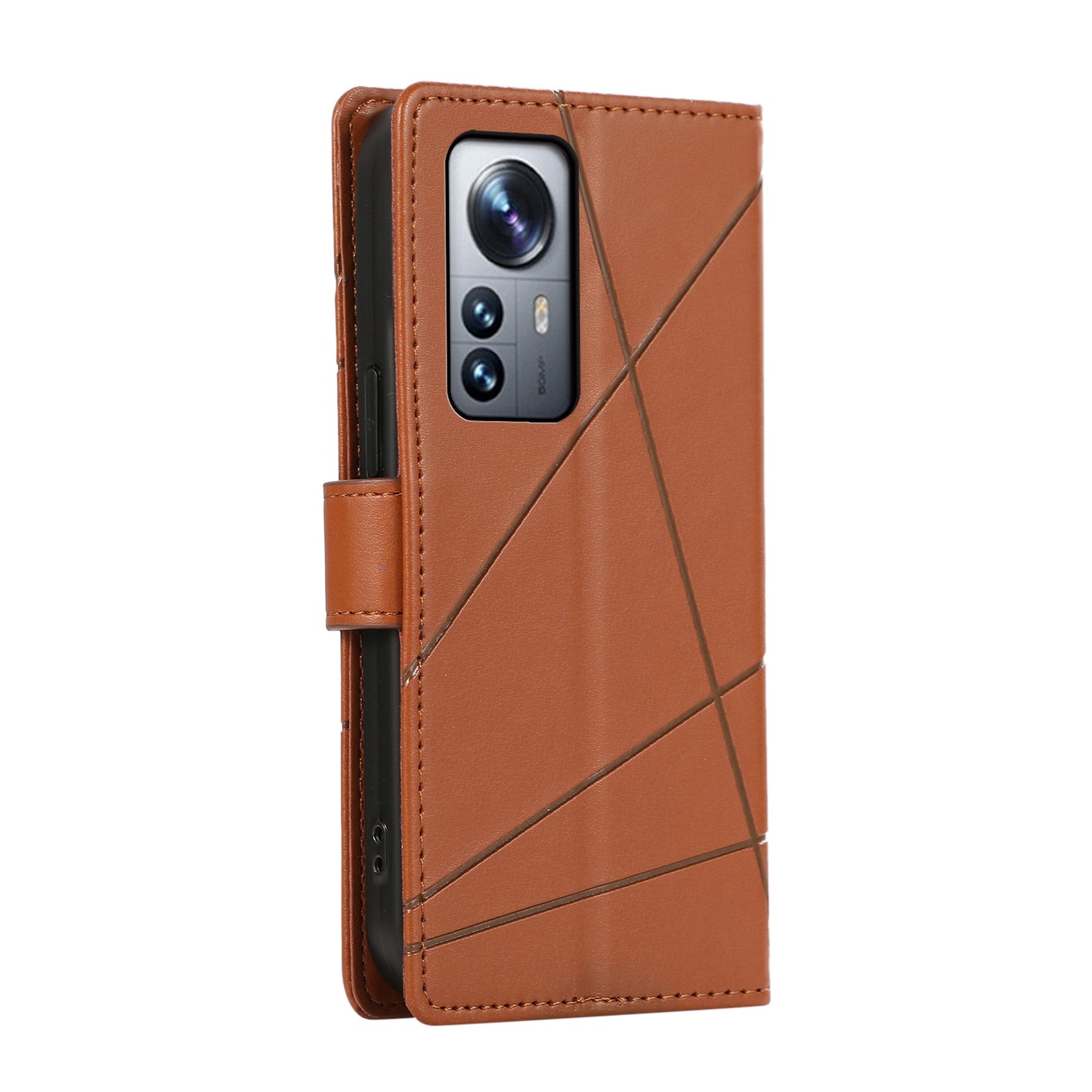 For Xiaomi 12 Pro Genuine Leather Texture Embossed Line Phone Case with Card Wallet & Kickstand