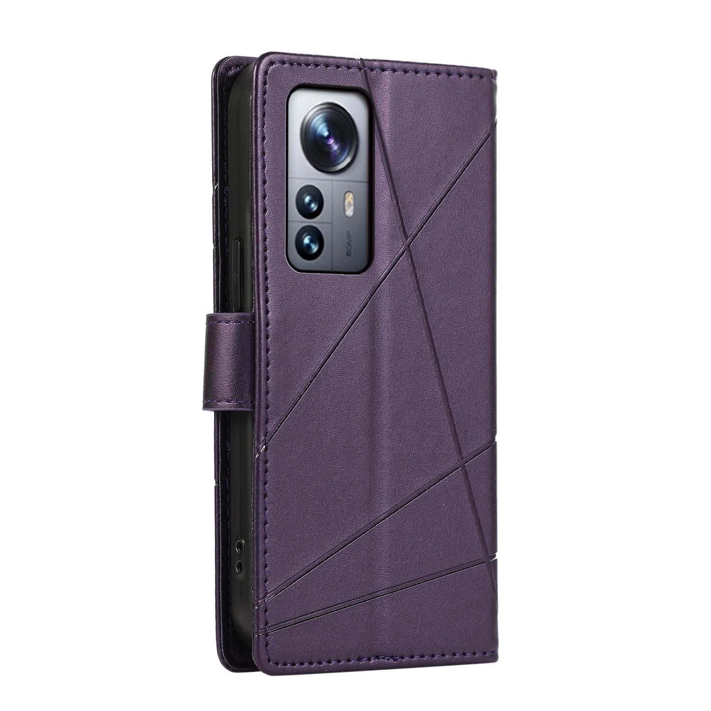 For Xiaomi 12 Pro Genuine Leather Texture Embossed Line Phone Case with Card Wallet & Kickstand