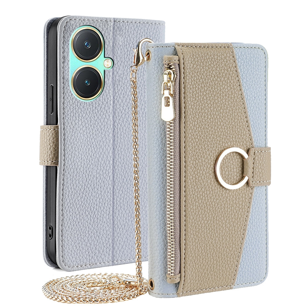 For vivo Y27 4G Crossbody Phone Case with Litchi Texture Leather, Adjustable Kickstand, Card Slots, Zipper Purse, Makeup Mirror, and TPU Protection