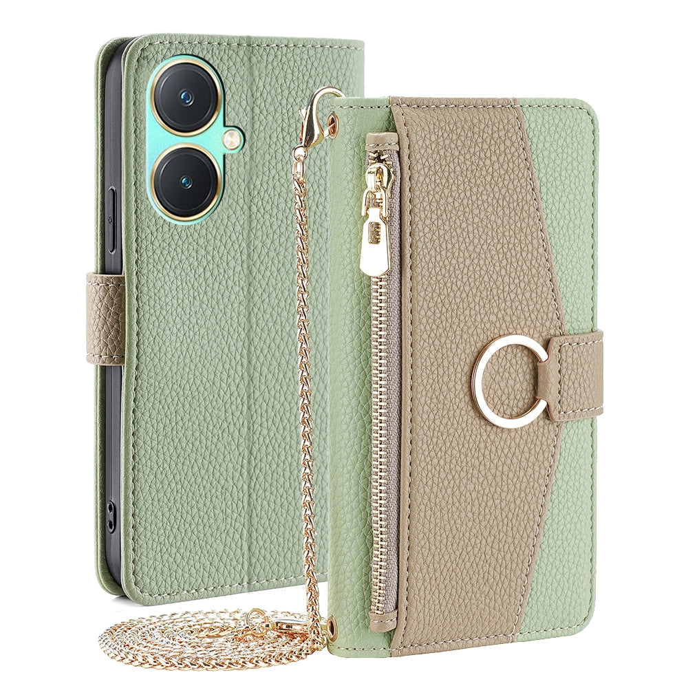 For vivo Y27 4G Crossbody Phone Case with Litchi Texture Leather, Adjustable Kickstand, Card Slots, Zipper Purse, Makeup Mirror, and TPU Protection
