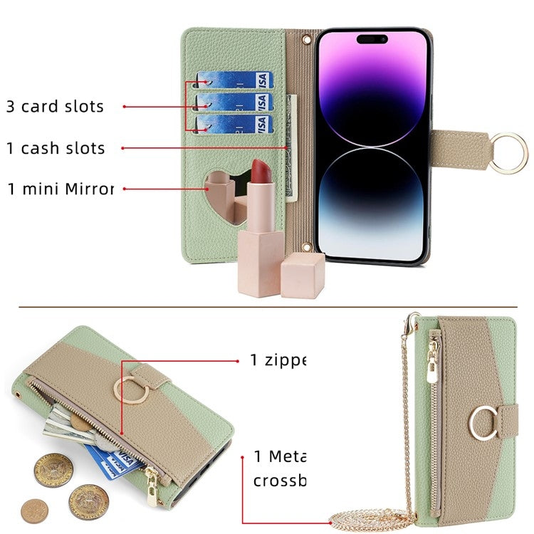 For vivo Y27 4G Crossbody Phone Case with Litchi Texture Leather, Adjustable Kickstand, Card Slots, Zipper Purse, Makeup Mirror, and TPU Protection