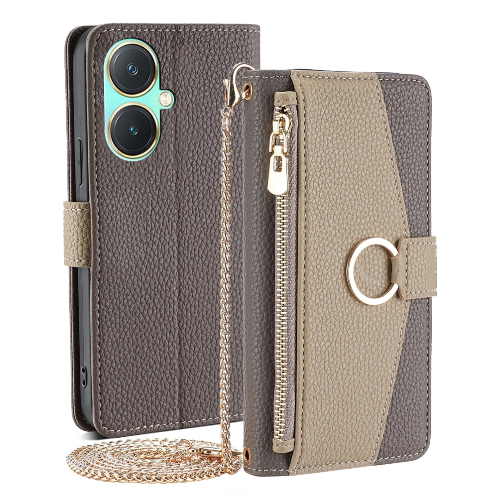 For vivo Y27 4G Crossbody Phone Case with Litchi Texture Leather, Adjustable Kickstand, Card Slots, Zipper Purse, Makeup Mirror, and TPU Protection