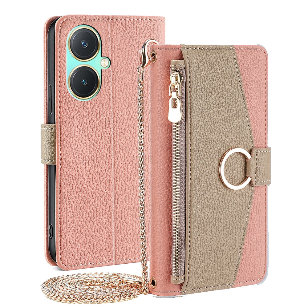 For vivo Y27 4G Crossbody Phone Case with Litchi Texture Leather, Adjustable Kickstand, Card Slots, Zipper Purse, Makeup Mirror, and TPU Protection