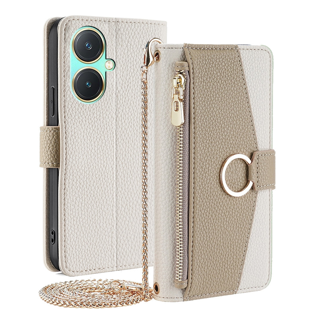 For vivo Y27 4G Crossbody Phone Case with Litchi Texture Leather, Adjustable Kickstand, Card Slots, Zipper Purse, Makeup Mirror, and TPU Protection