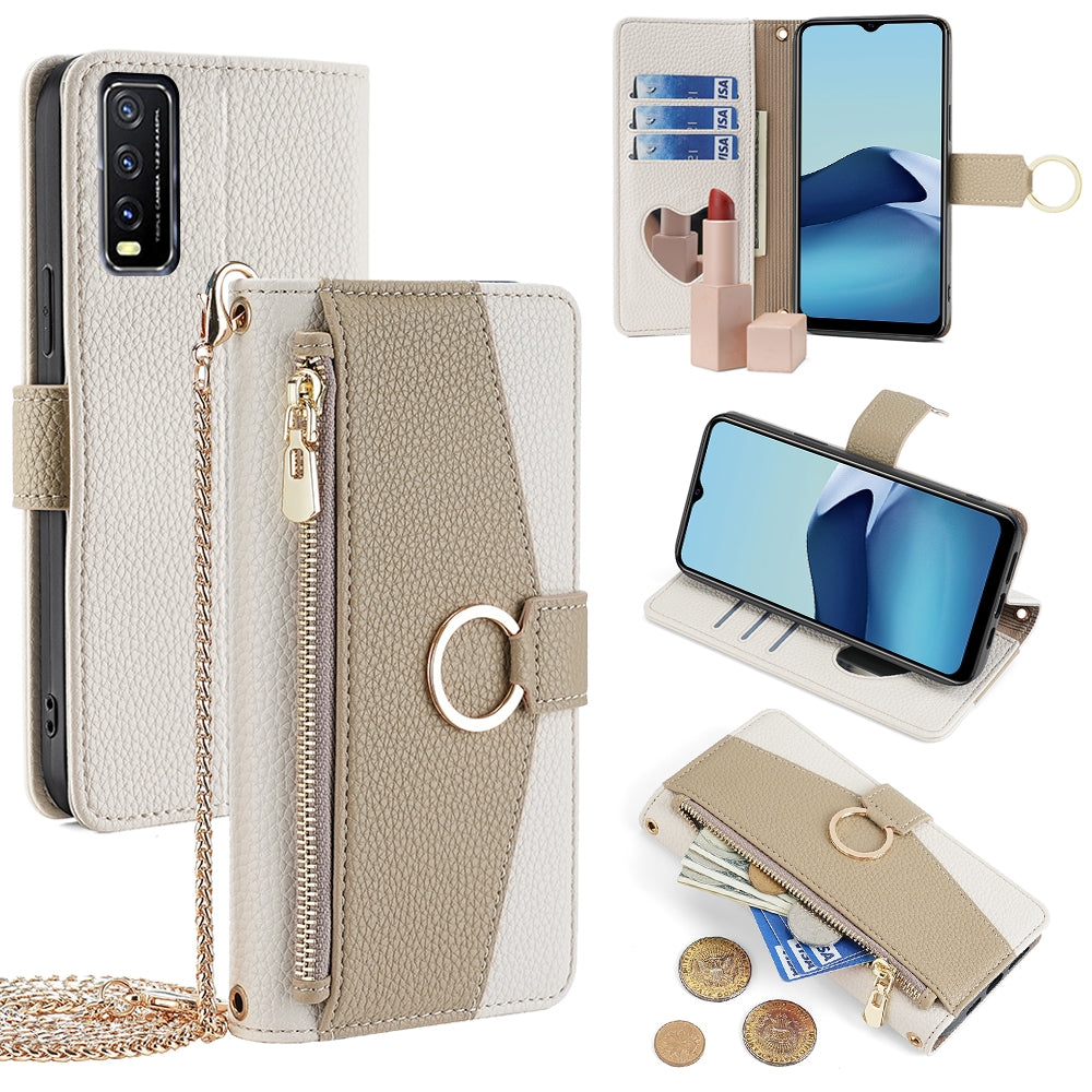 For vivo Y20/Y20i/Y20s Crossbody Phone Case with Litchi Texture Leather, Adjustable Kickstand, Card Slots, Zipper Purse, Makeup Mirror, and TPU Protection