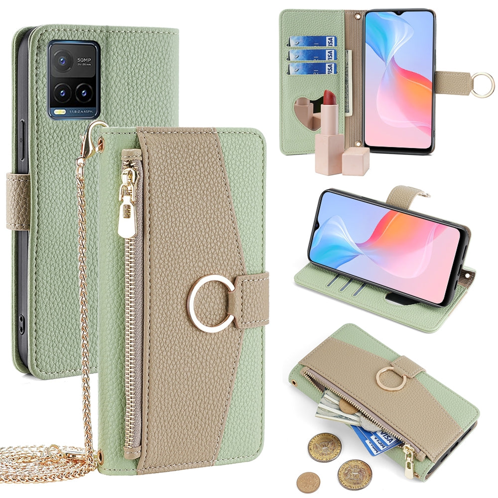 For vivo Y33s Crossbody Phone Case with Litchi Texture Leather, Adjustable Kickstand, Card Slots, Zipper Purse, Makeup Mirror, and TPU Protection