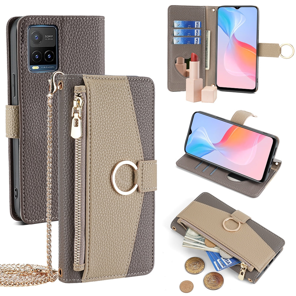 For vivo Y33s Crossbody Phone Case with Litchi Texture Leather, Adjustable Kickstand, Card Slots, Zipper Purse, Makeup Mirror, and TPU Protection