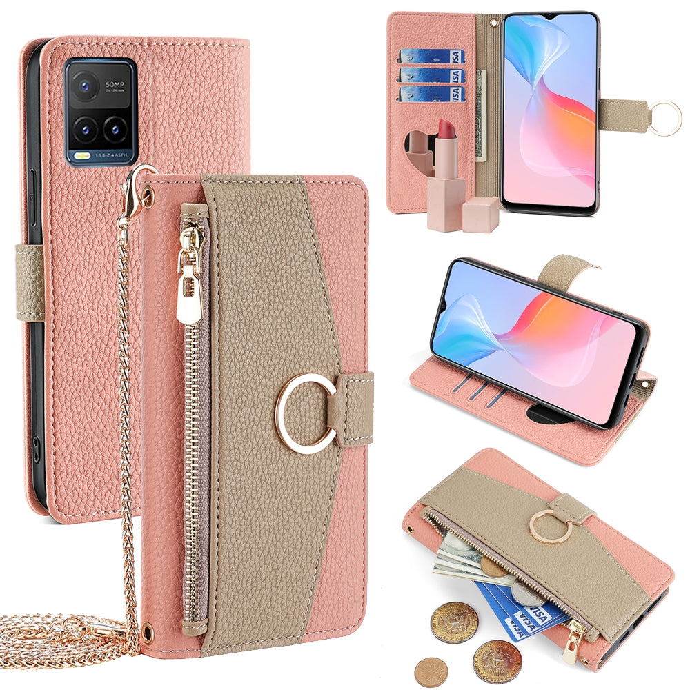 For vivo Y33s Crossbody Phone Case with Litchi Texture Leather, Adjustable Kickstand, Card Slots, Zipper Purse, Makeup Mirror, and TPU Protection