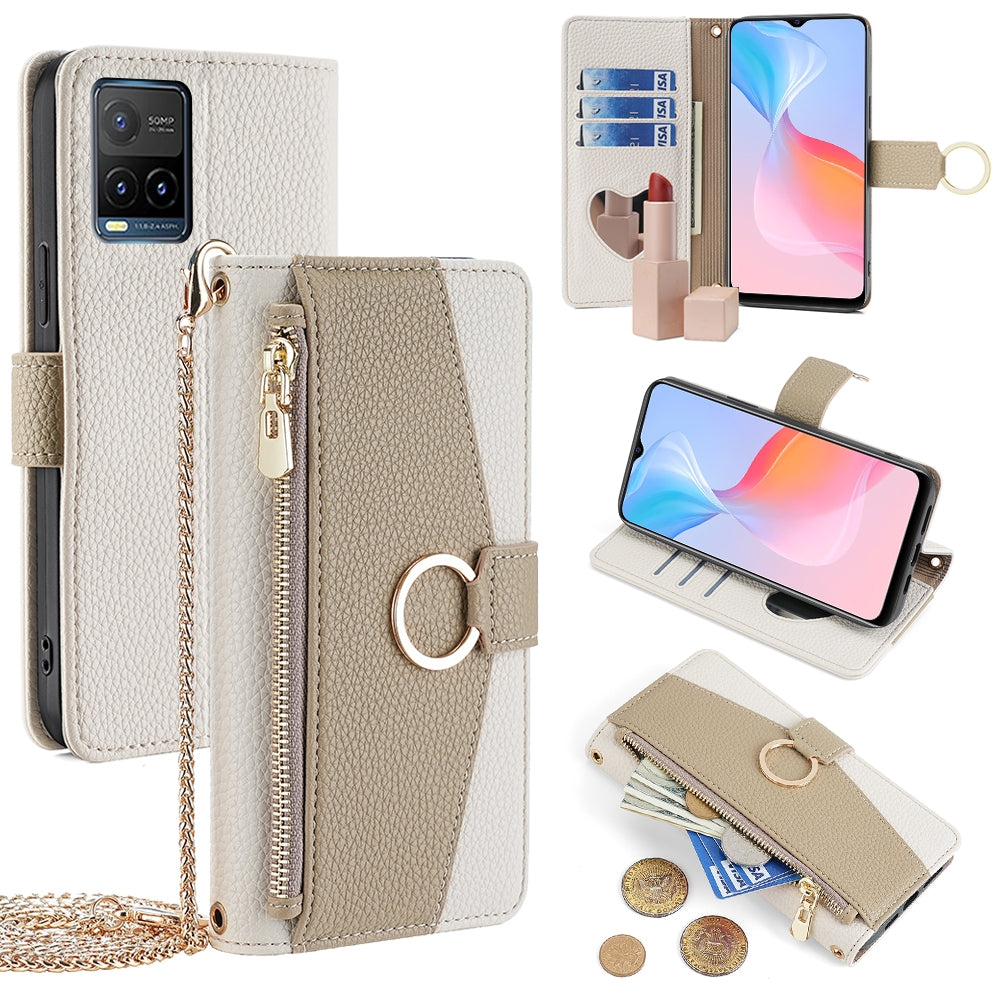 For vivo Y33s Crossbody Phone Case with Litchi Texture Leather, Adjustable Kickstand, Card Slots, Zipper Purse, Makeup Mirror, and TPU Protection