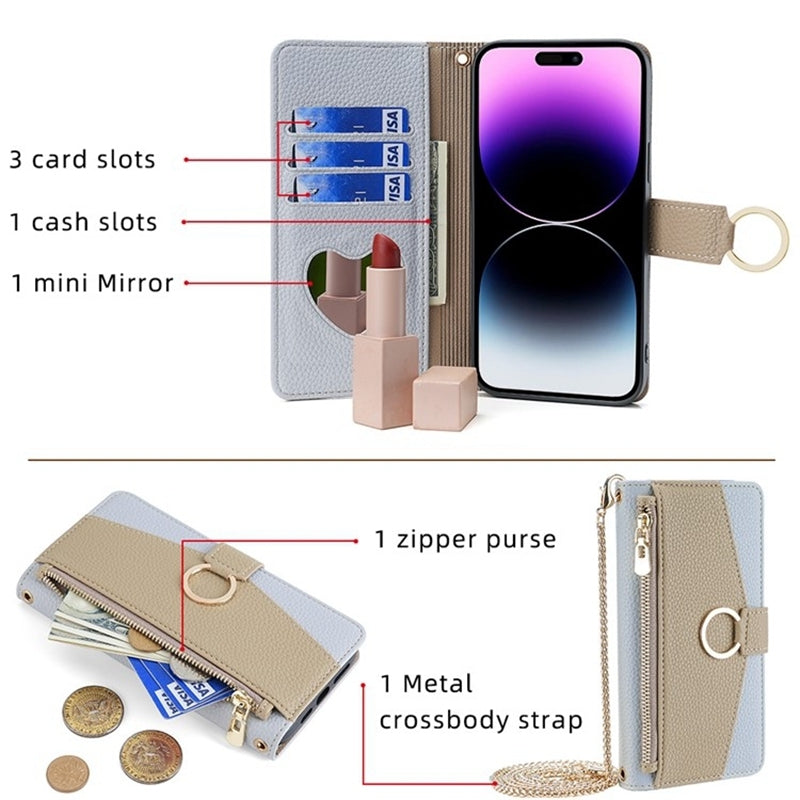 For vivo Y78 5G Crossbody Phone Case with Litchi Texture Leather, Adjustable Kickstand, Card Slots, Zipper Purse, Makeup Mirror, and TPU Protection