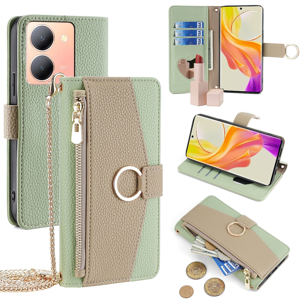 For vivo Y78 5G Crossbody Phone Case with Litchi Texture Leather, Adjustable Kickstand, Card Slots, Zipper Purse, Makeup Mirror, and TPU Protection