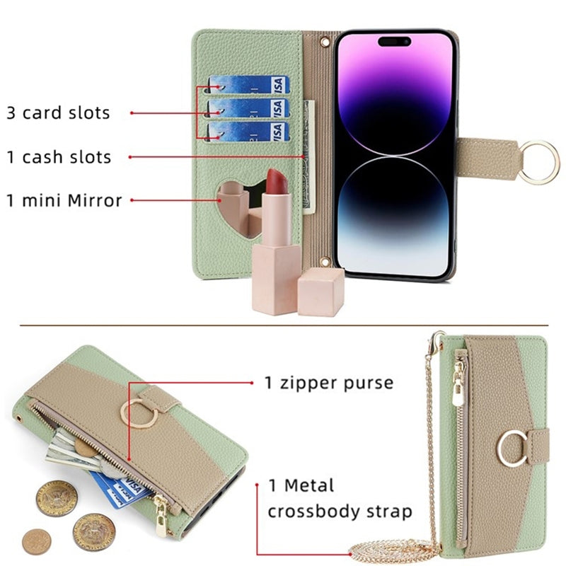 For vivo Y78 5G Crossbody Phone Case with Litchi Texture Leather, Adjustable Kickstand, Card Slots, Zipper Purse, Makeup Mirror, and TPU Protection